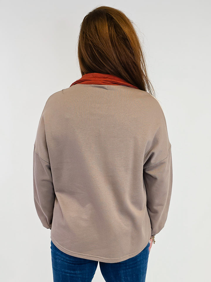 HALF ZIP COLOR BLOCK PULLOVER TOP - OTTER