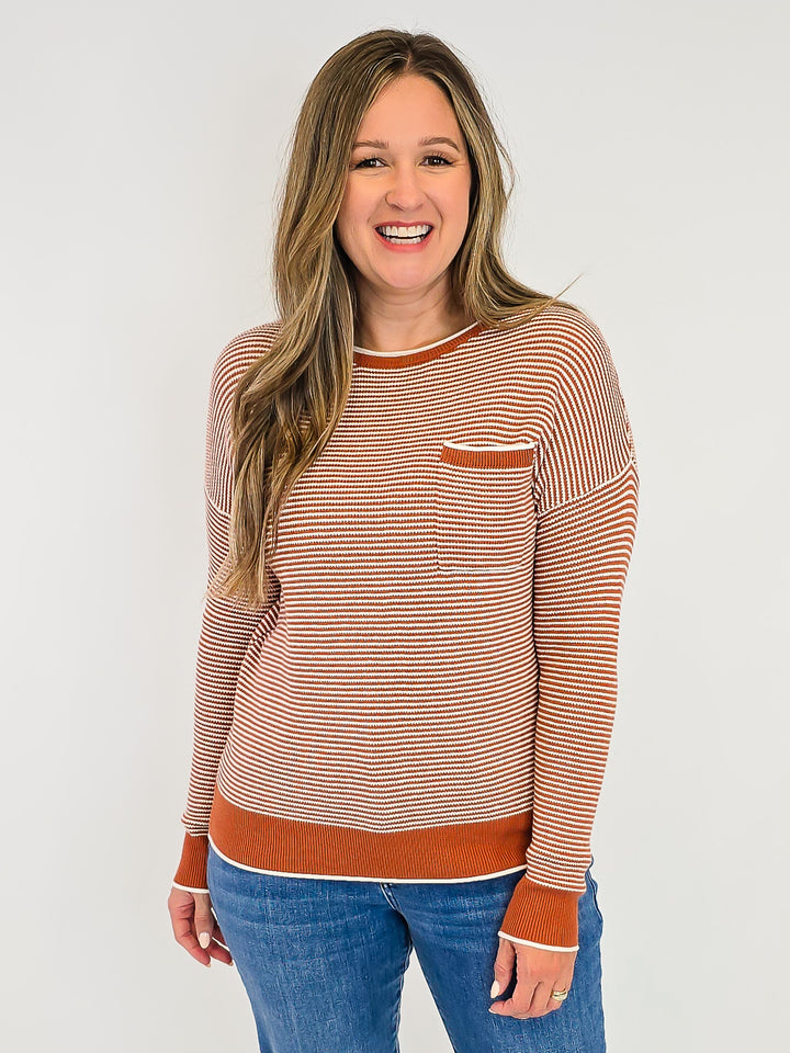 WAFFLE TEXTURED STRIPED PULLOVER SWEATER - COPPER