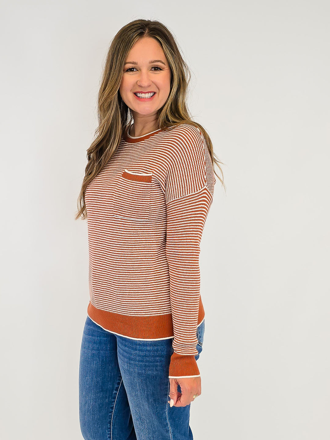 WAFFLE TEXTURED STRIPED PULLOVER SWEATER - COPPER