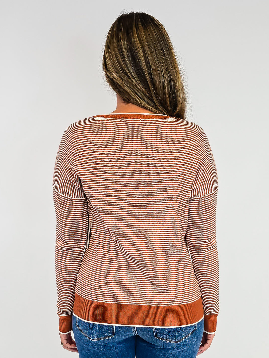 WAFFLE TEXTURED STRIPED PULLOVER SWEATER - COPPER