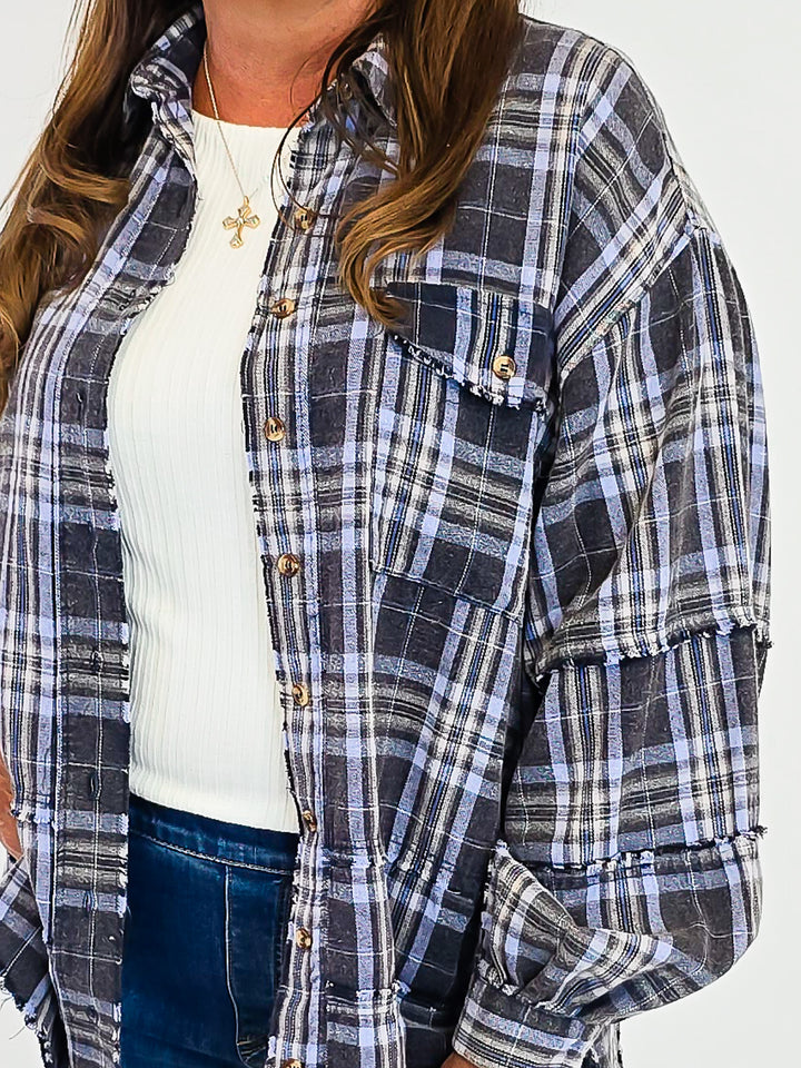 OVERSIZED WASHED PLAID SHACKET - NAVY