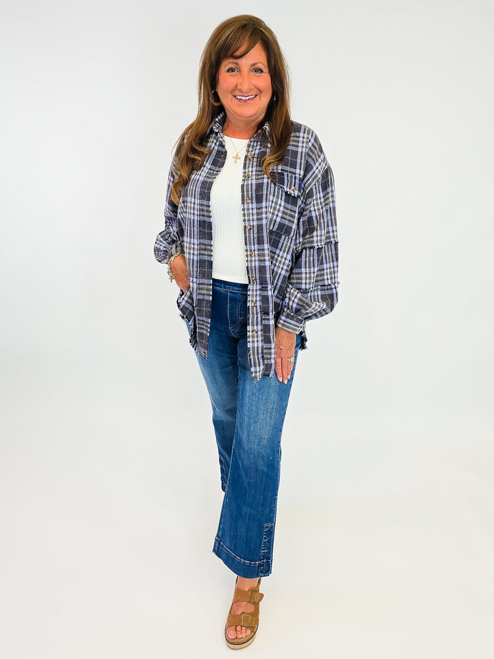 OVERSIZED WASHED PLAID SHACKET - NAVY