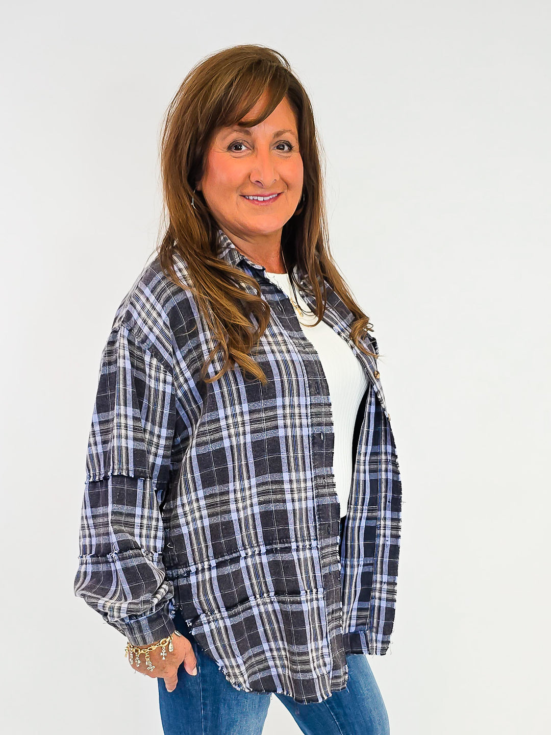 OVERSIZED WASHED PLAID SHACKET - NAVY