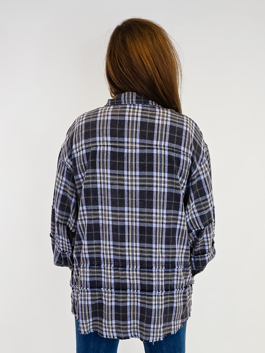 OVERSIZED WASHED PLAID SHACKET - NAVY