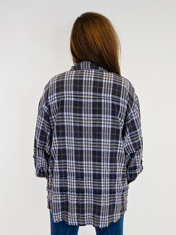 OVERSIZED WASHED PLAID SHACKET - NAVY