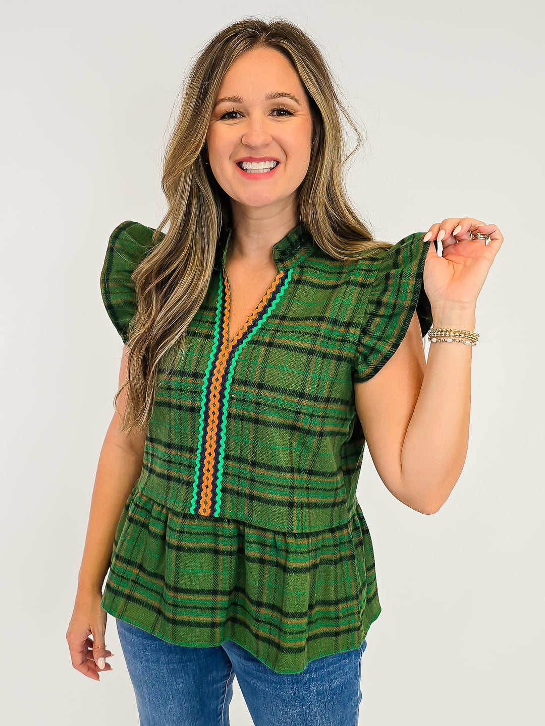 PEPLUM PLAID FLANNEL TOP W/WAVY TRIM DETAIL - OLIVE