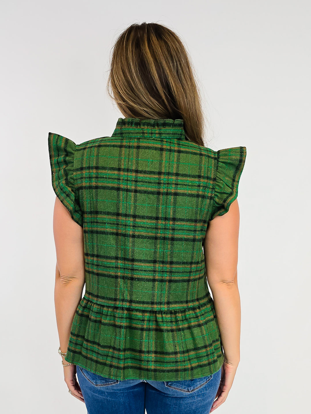 PEPLUM PLAID FLANNEL TOP W/WAVY TRIM DETAIL - OLIVE