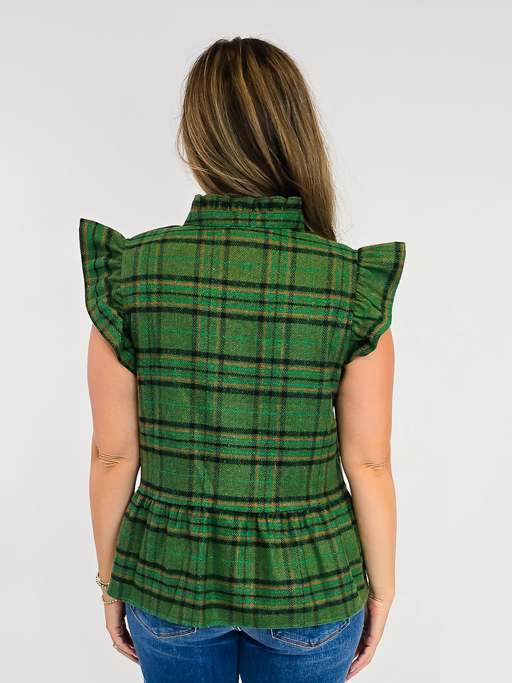PEPLUM PLAID FLANNEL TOP W/WAVY TRIM DETAIL - OLIVE