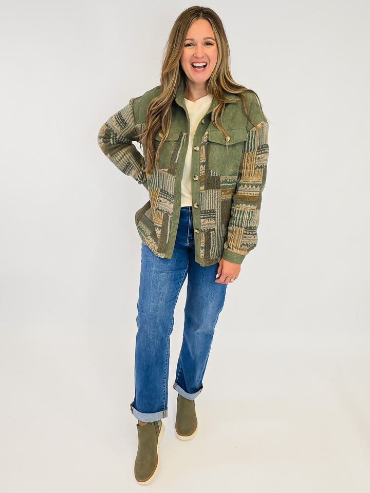 PATTERNED FLEECE CORDUROY BUTTON DOWN SHACKET - OLIVE