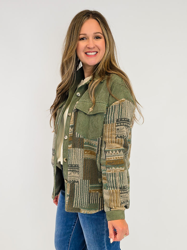 PATTERNED FLEECE CORDUROY BUTTON DOWN SHACKET - OLIVE
