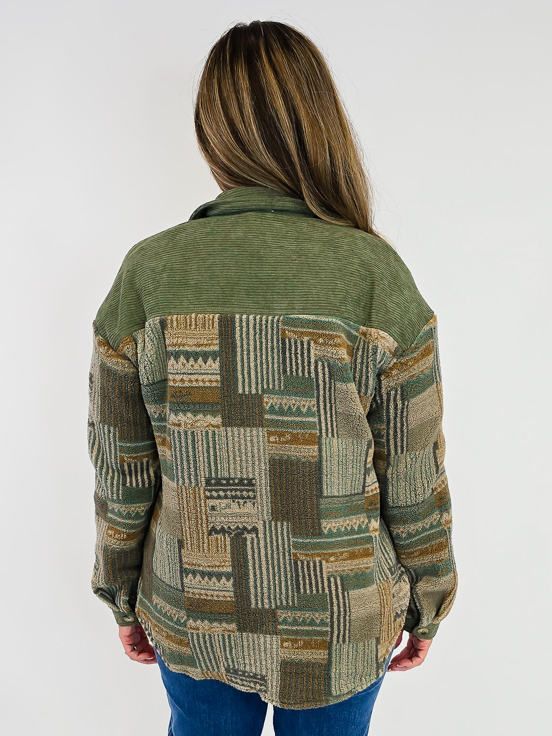 PATTERNED FLEECE CORDUROY BUTTON DOWN SHACKET - OLIVE