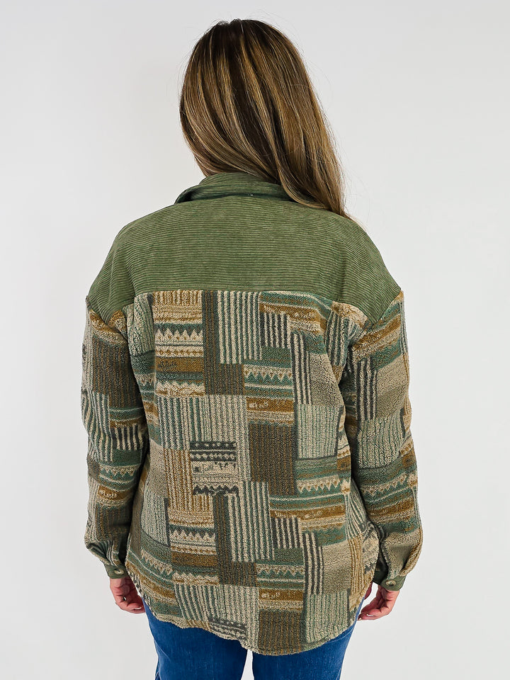 PATTERNED FLEECE CORDUROY BUTTON DOWN SHACKET - OLIVE