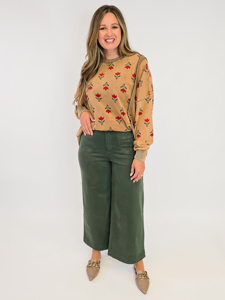OVERSIZED TULIP PRINT WASHED TERRY PULLOVER - FADED CAMEL