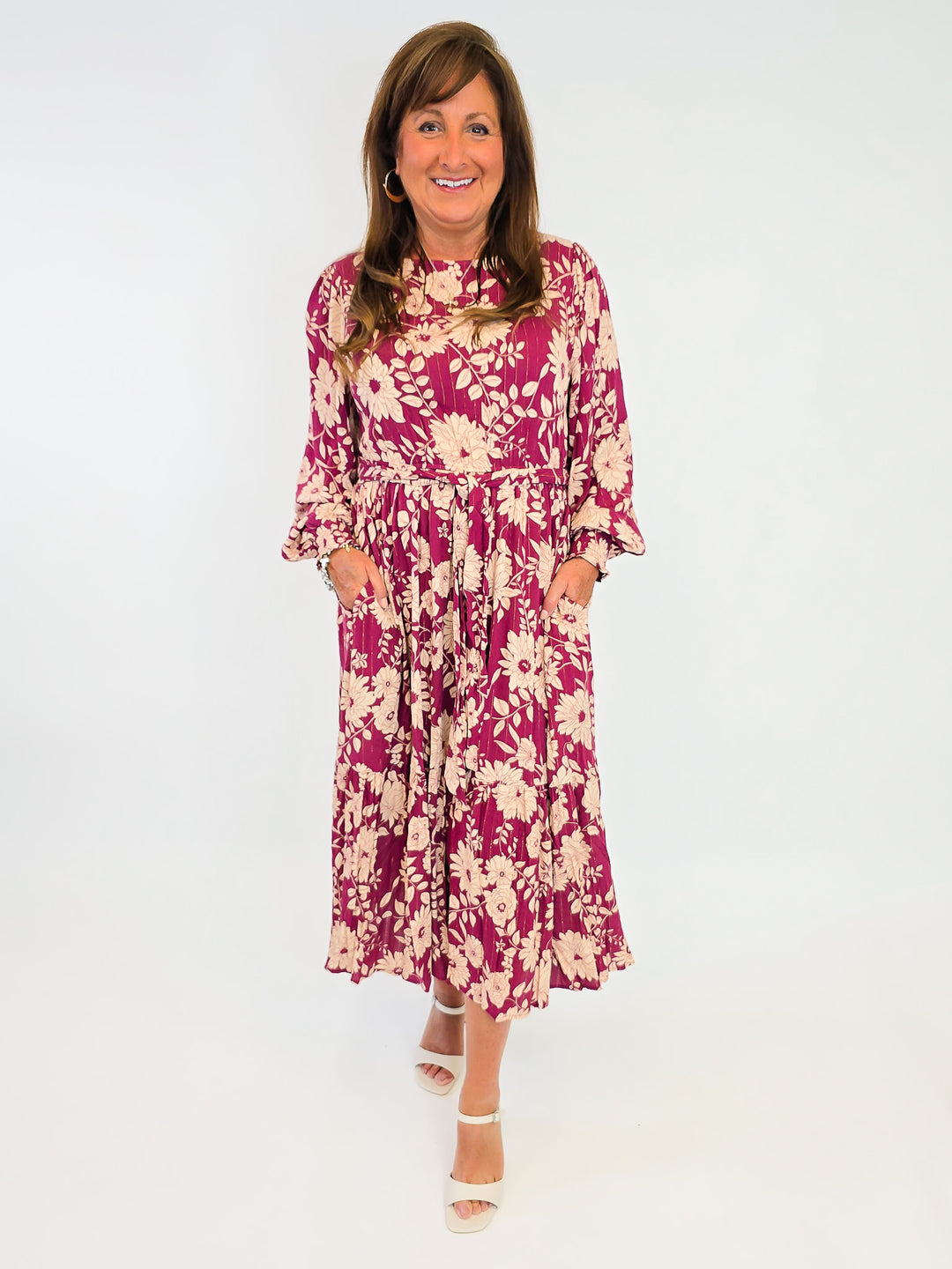 FLORAL RAYON GAUZE MIDI DRESS - WINE