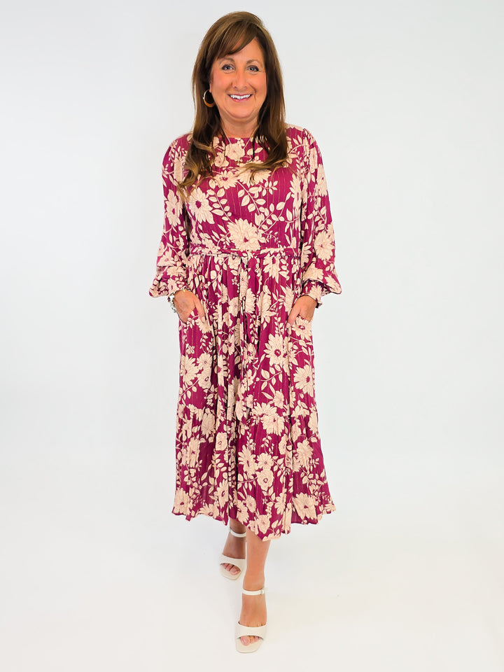 FLORAL RAYON GAUZE MIDI DRESS - WINE