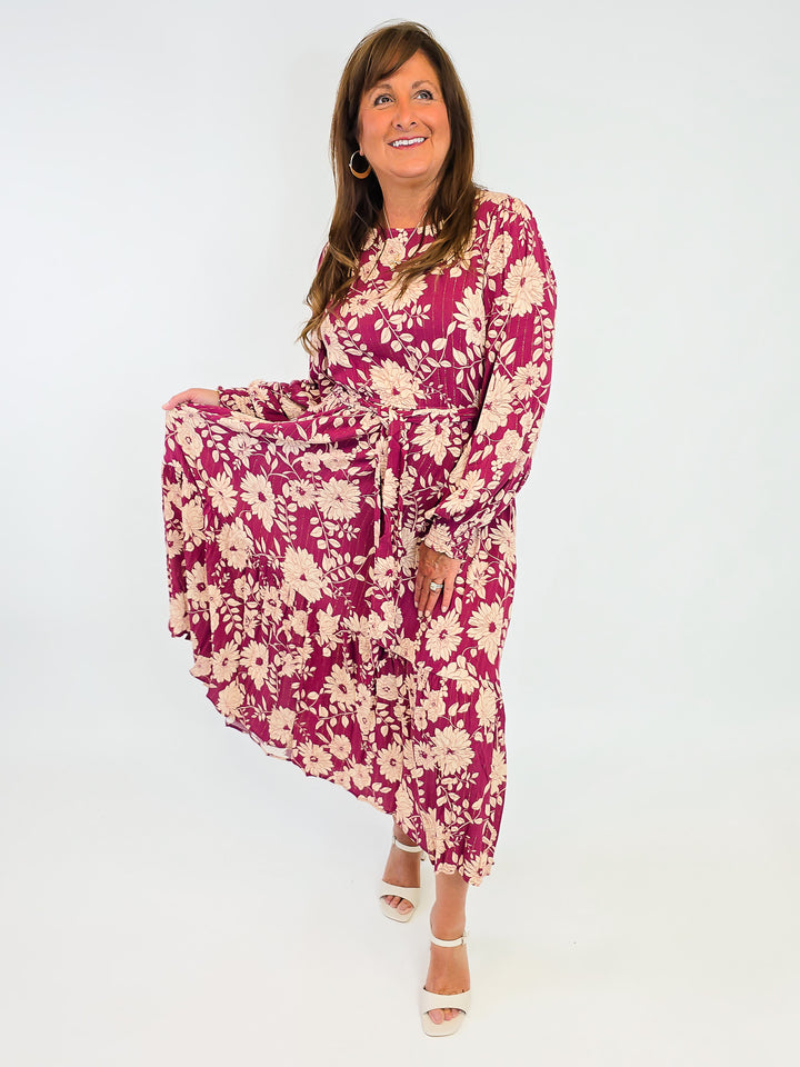 FLORAL RAYON GAUZE MIDI DRESS - WINE