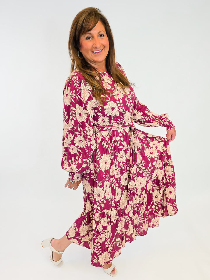 FLORAL RAYON GAUZE MIDI DRESS - WINE