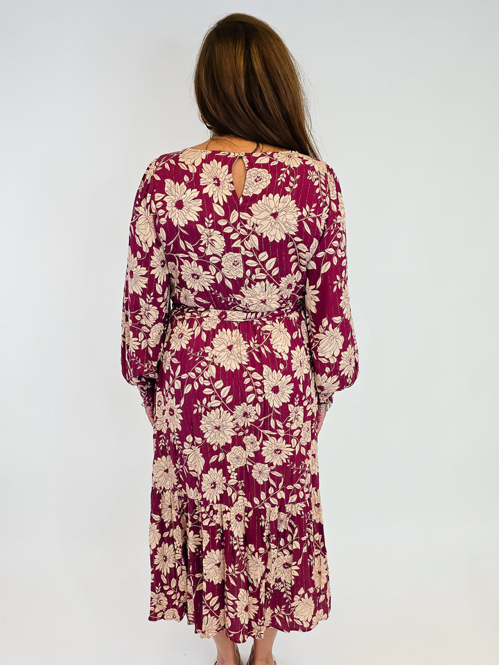 FLORAL RAYON GAUZE MIDI DRESS - WINE
