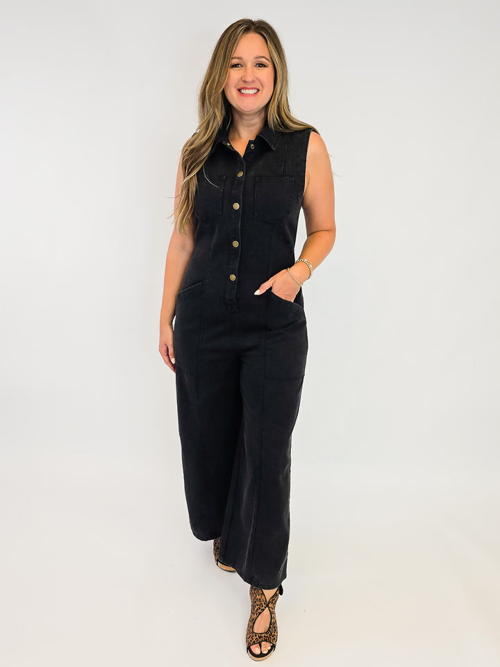 SNOW WASHED BUTTON SLEEVELESS JUMPSUIT - ASH BLACK