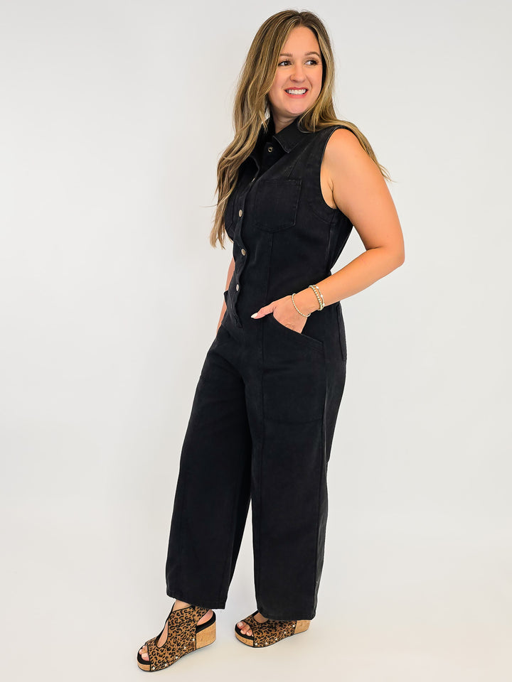 SNOW WASHED BUTTON SLEEVELESS JUMPSUIT - ASH BLACK
