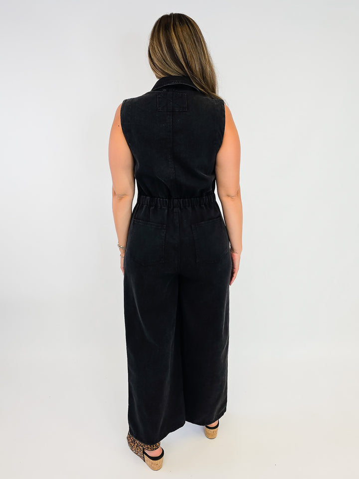 SNOW WASHED BUTTON SLEEVELESS JUMPSUIT - ASH BLACK