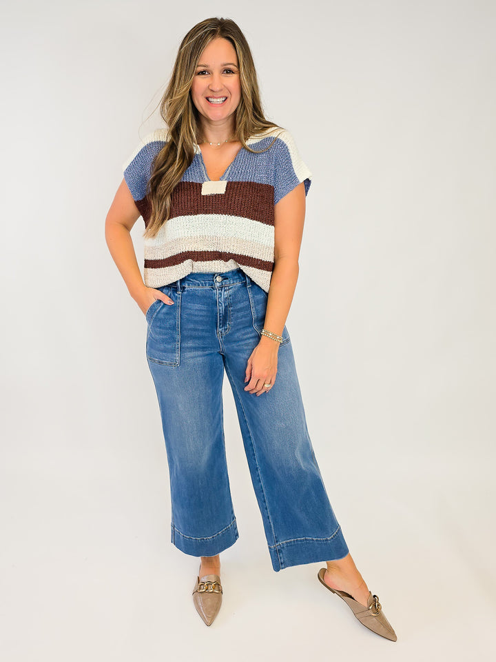 STRIPED CAP SLEEVE SWEATER - FROSTED MOCHA