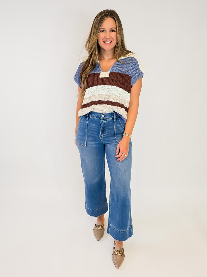 STRIPED CAP SLEEVE SWEATER - FROSTED MOCHA