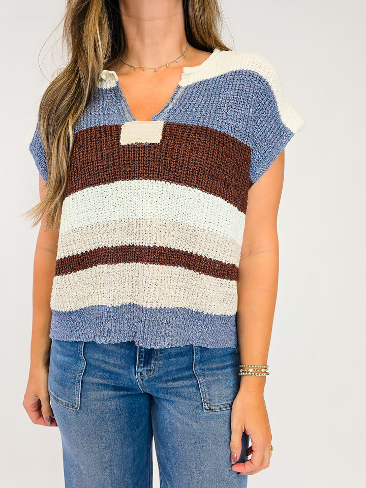 STRIPED CAP SLEEVE SWEATER - FROSTED MOCHA