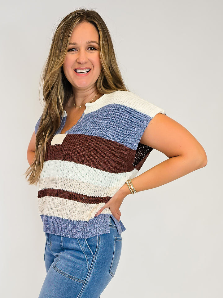 STRIPED CAP SLEEVE SWEATER - FROSTED MOCHA