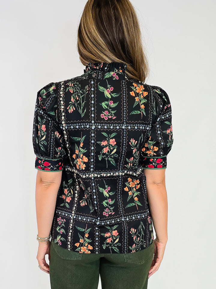 SHORT PUFF SLEEVE BUTTON UP FLORAL PRINT TOP - BLACK
