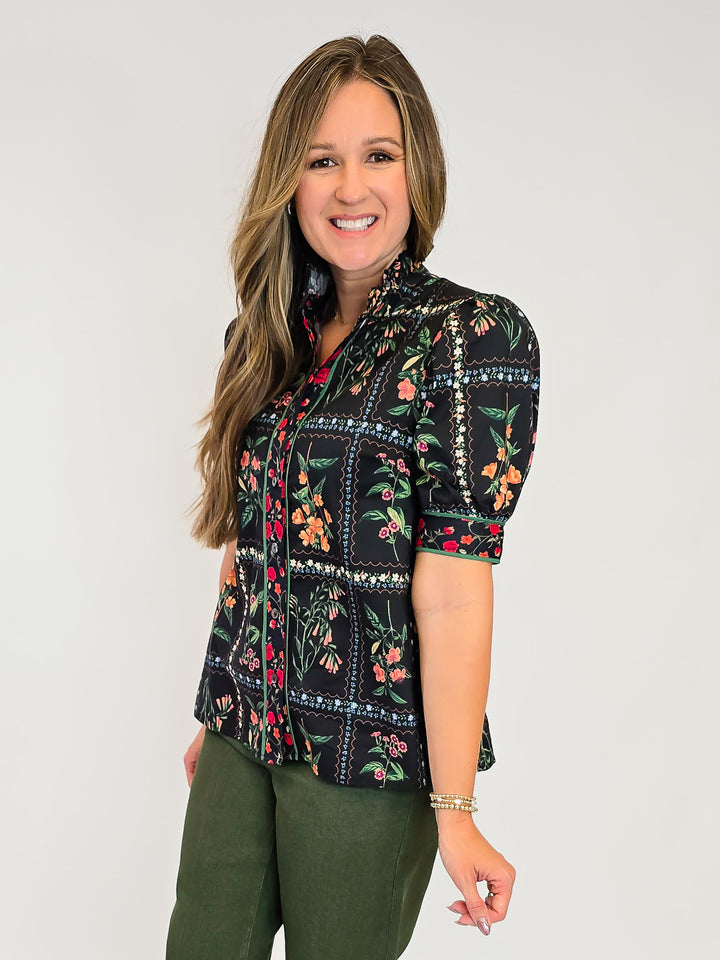 SHORT PUFF SLEEVE BUTTON UP FLORAL PRINT TOP - BLACK