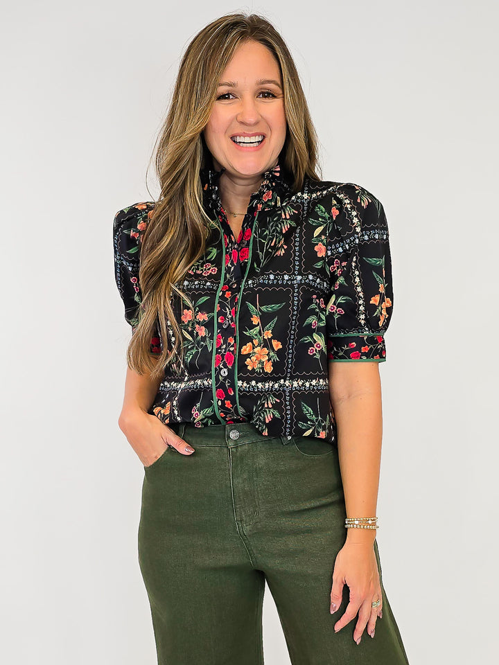 SHORT PUFF SLEEVE BUTTON UP FLORAL PRINT TOP - BLACK