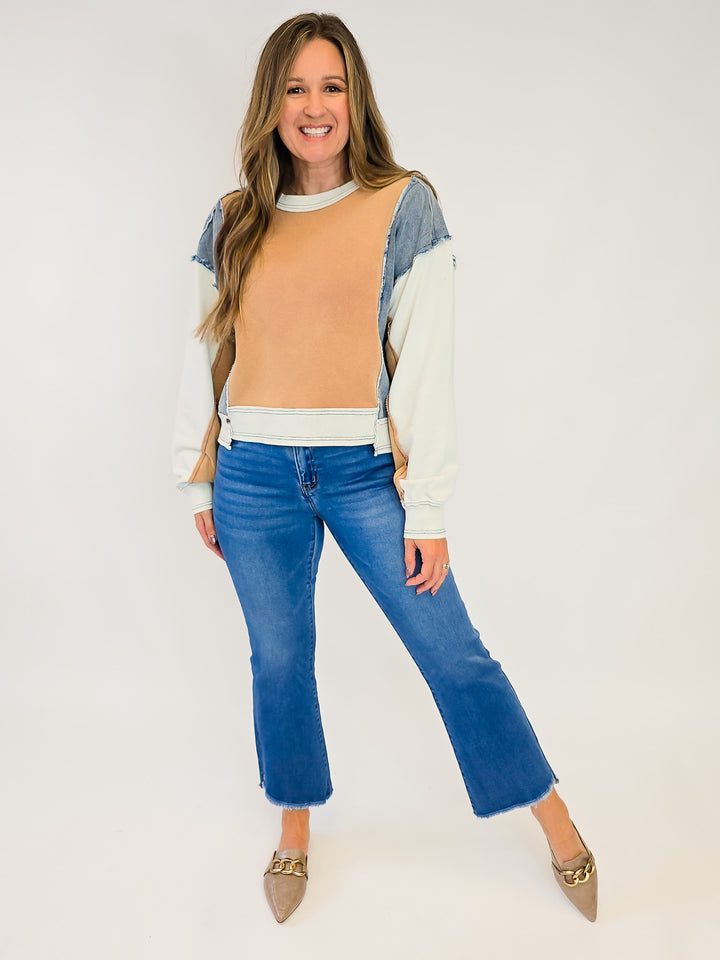 FRAYED COLOR BLOCK LONG SLEEVE PULLOVER - CINNAMON