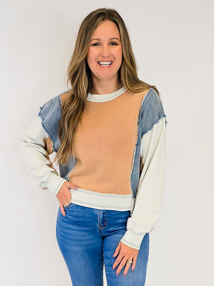 FRAYED COLOR BLOCK LONG SLEEVE PULLOVER - CINNAMON