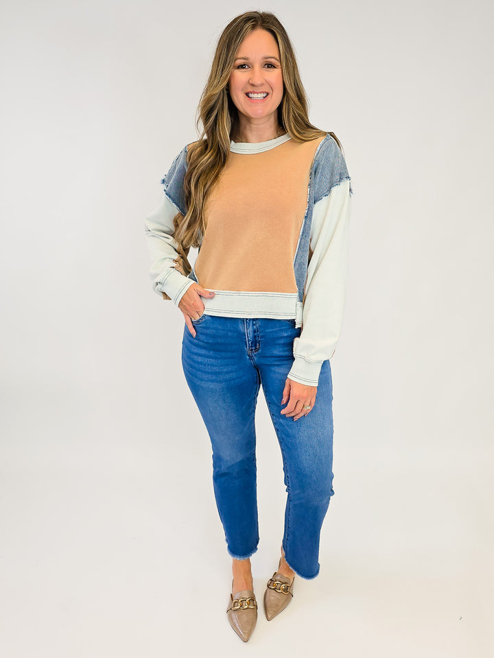FRAYED COLOR BLOCK LONG SLEEVE PULLOVER - CINNAMON