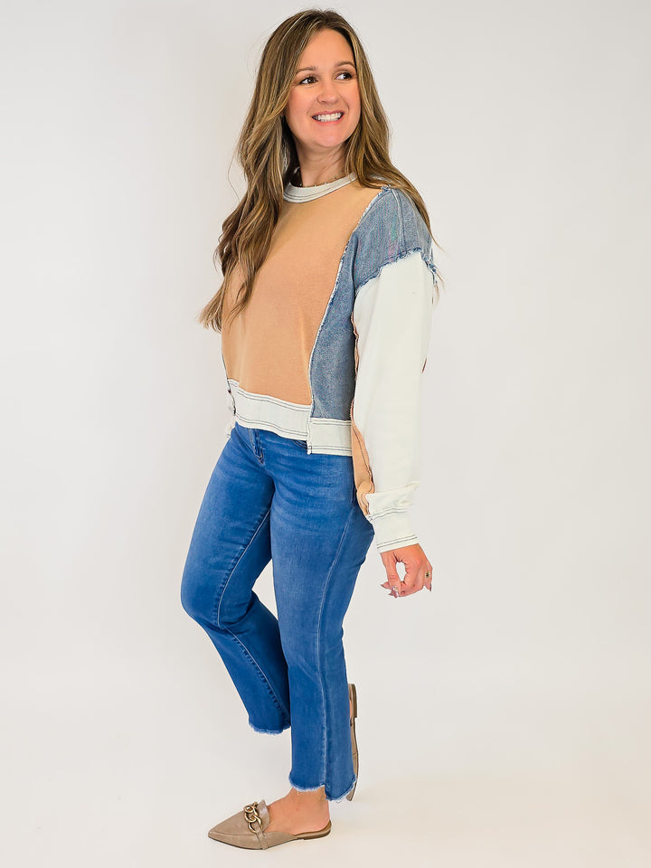 FRAYED COLOR BLOCK LONG SLEEVE PULLOVER - CINNAMON