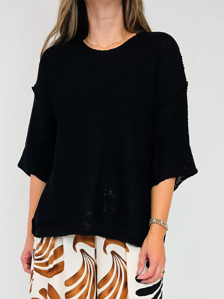 HALF SLEEVE KNIT BOXY SWEATER - BLACK