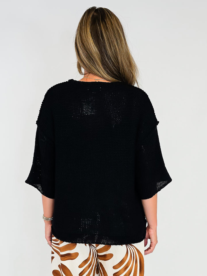 HALF SLEEVE KNIT BOXY SWEATER - BLACK