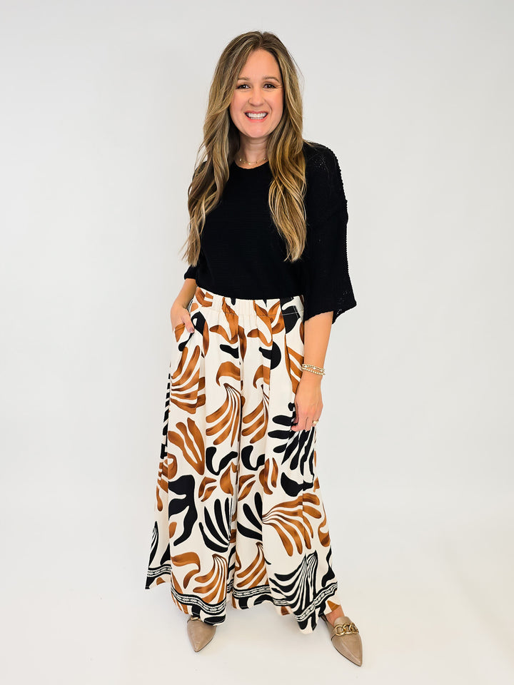MIX TROPICAL LEAF PRINT WIDE LEG PANTS - TAUPE MIX