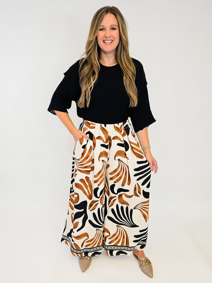 MIX TROPICAL LEAF PRINT WIDE LEG PANTS - TAUPE MIX