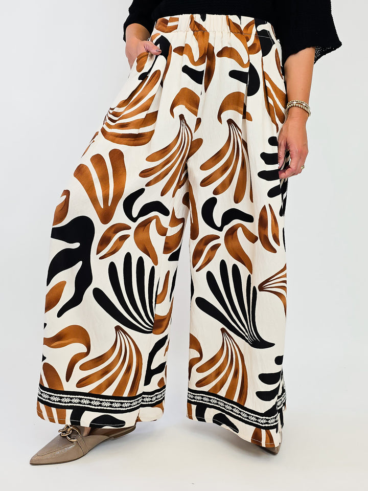 MIX TROPICAL LEAF PRINT WIDE LEG PANTS - TAUPE MIX