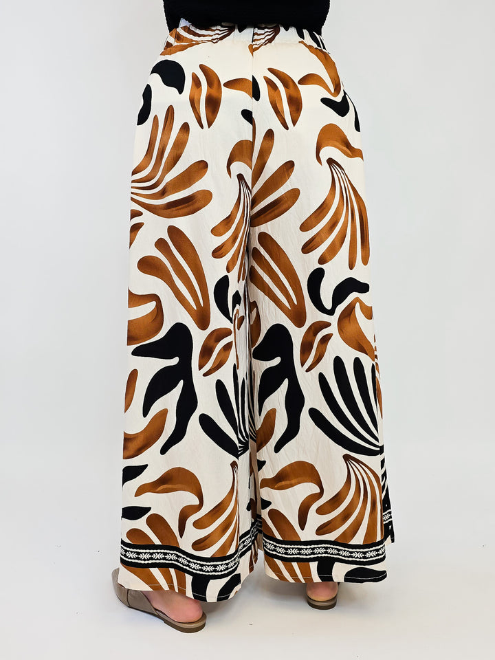 MIX TROPICAL LEAF PRINT WIDE LEG PANTS - TAUPE MIX