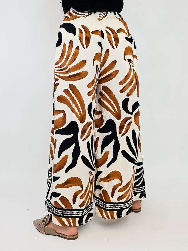 MIX TROPICAL LEAF PRINT WIDE LEG PANTS - TAUPE MIX