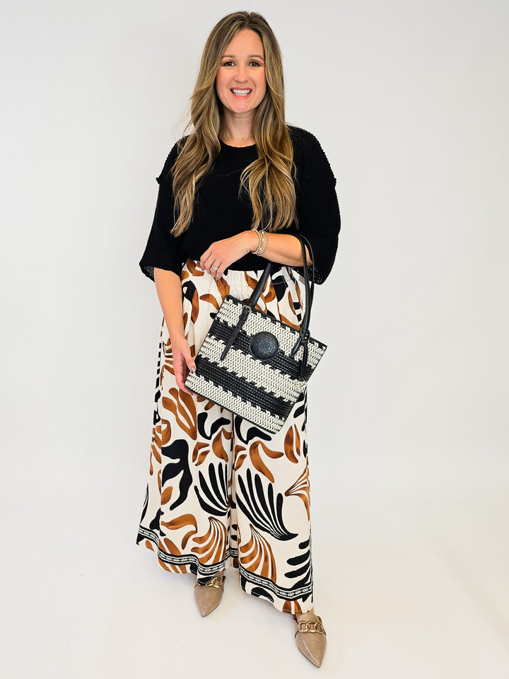 MIX TROPICAL LEAF PRINT WIDE LEG PANTS - TAUPE MIX