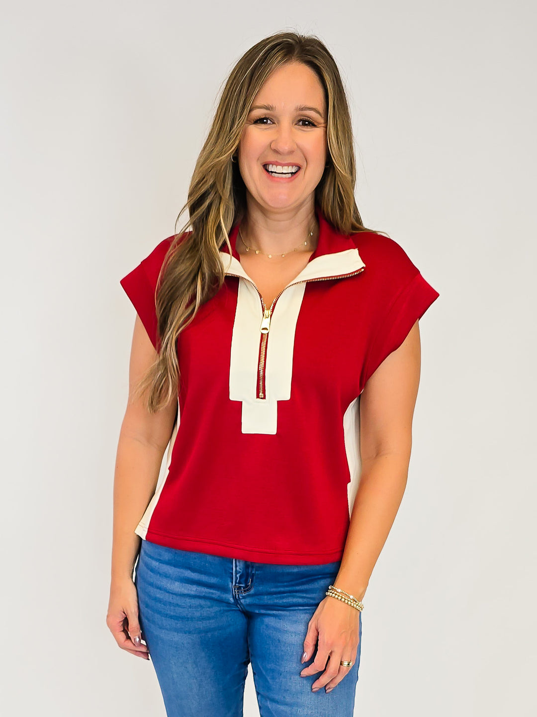 CONTRAST HALF ZIP SCUBA TOP - BRICK/CREAM