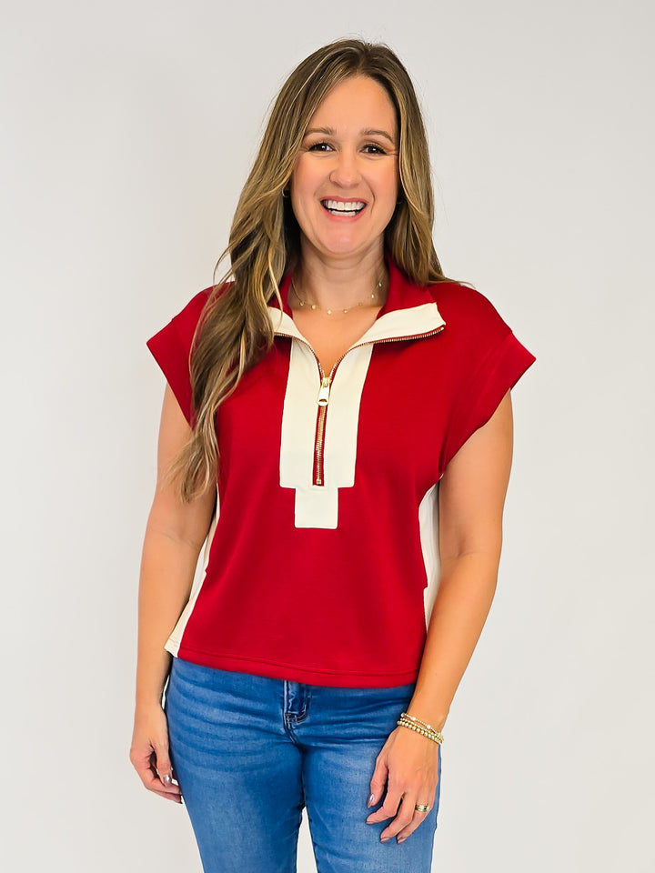 CONTRAST HALF ZIP SCUBA TOP - BRICK/CREAM
