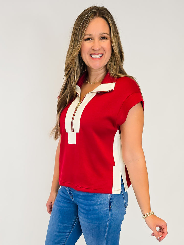 CONTRAST HALF ZIP SCUBA TOP - BRICK/CREAM