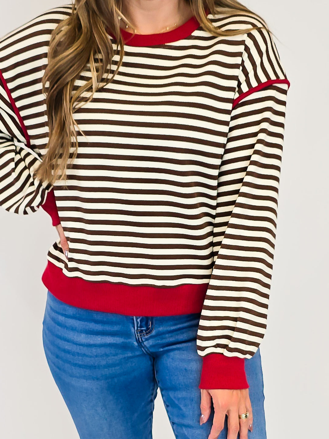 STRIPED JERSEY PULLOVER - RED BROWN