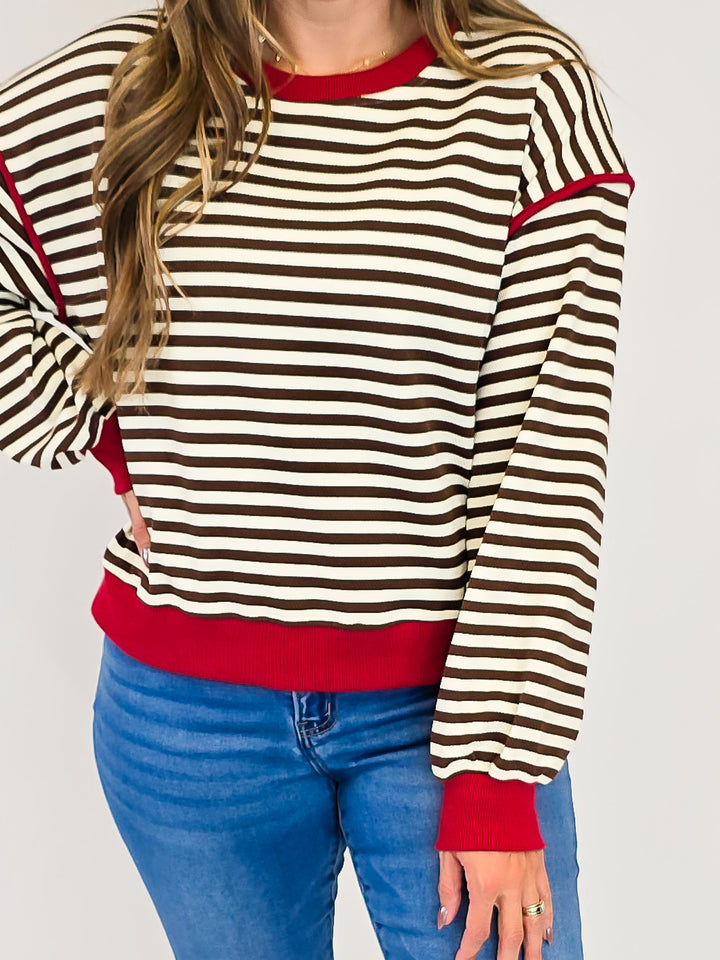 STRIPED JERSEY PULLOVER - RED BROWN