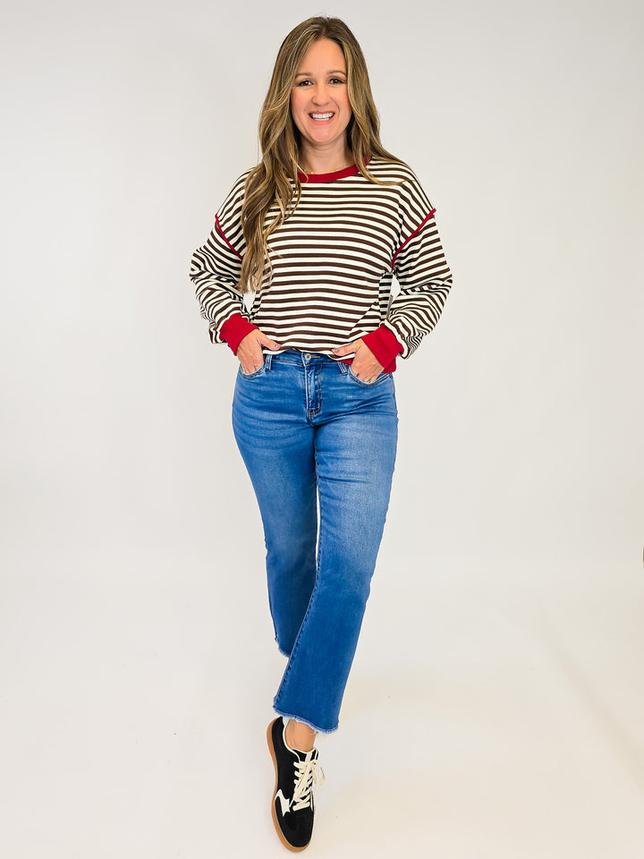 STRIPED JERSEY PULLOVER - RED BROWN